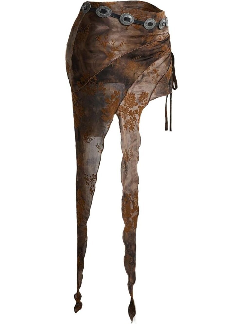 Women Brown Western Skirt Boho Asymmetrical Skirts Cowgirls Mesh Vintage